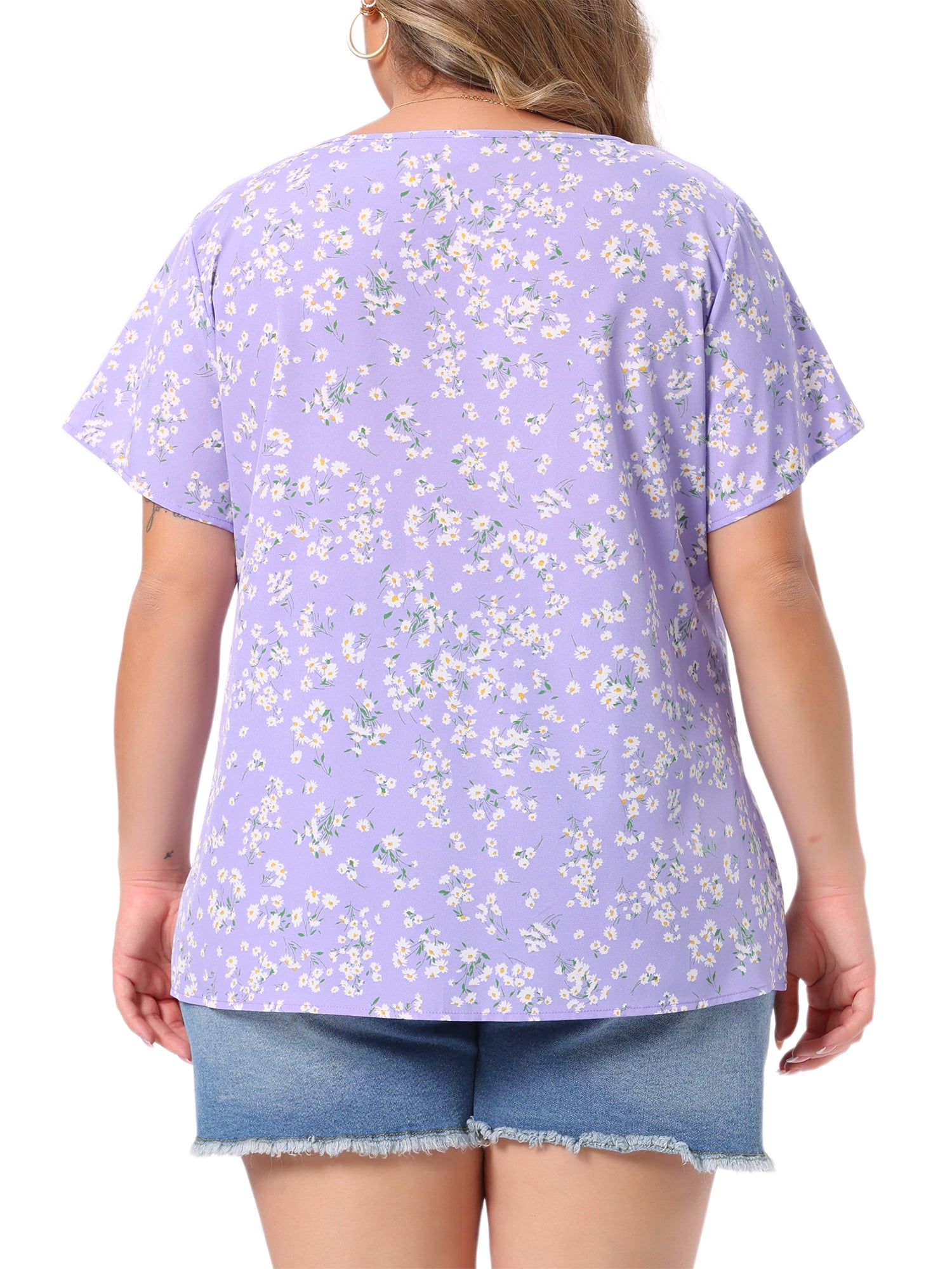 DARING DIVA Women's Plus Size Floral Half Placket Short Sleeve Blouses 2X Light Purple
