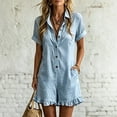 thumbnail image 2 of LEKODE Women Romper Wide Leg Rompers V Neck Button Down Short Sleeve Jumpsuits with Pockets Flap Pocket Romper Short Rompers Collared Neck Jumpsuit Casual Outfits for Women Sky Blue M, 2 of 6