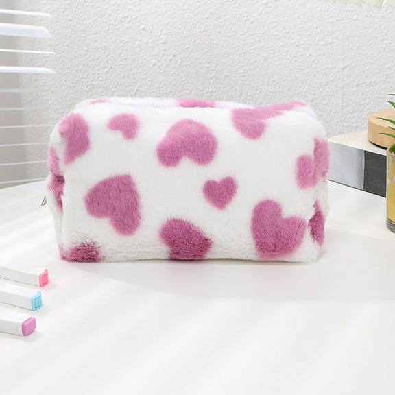 Yannianjz under $5 Cute Cosmetic Bag, Sweet Heart Pattern Large Capacity Cosmetics Bag, Cute Plush Travel Storage Organizer, Portable Grooming Toiletry Bag,GirlsStationery Pencil Case, Gift for Teens