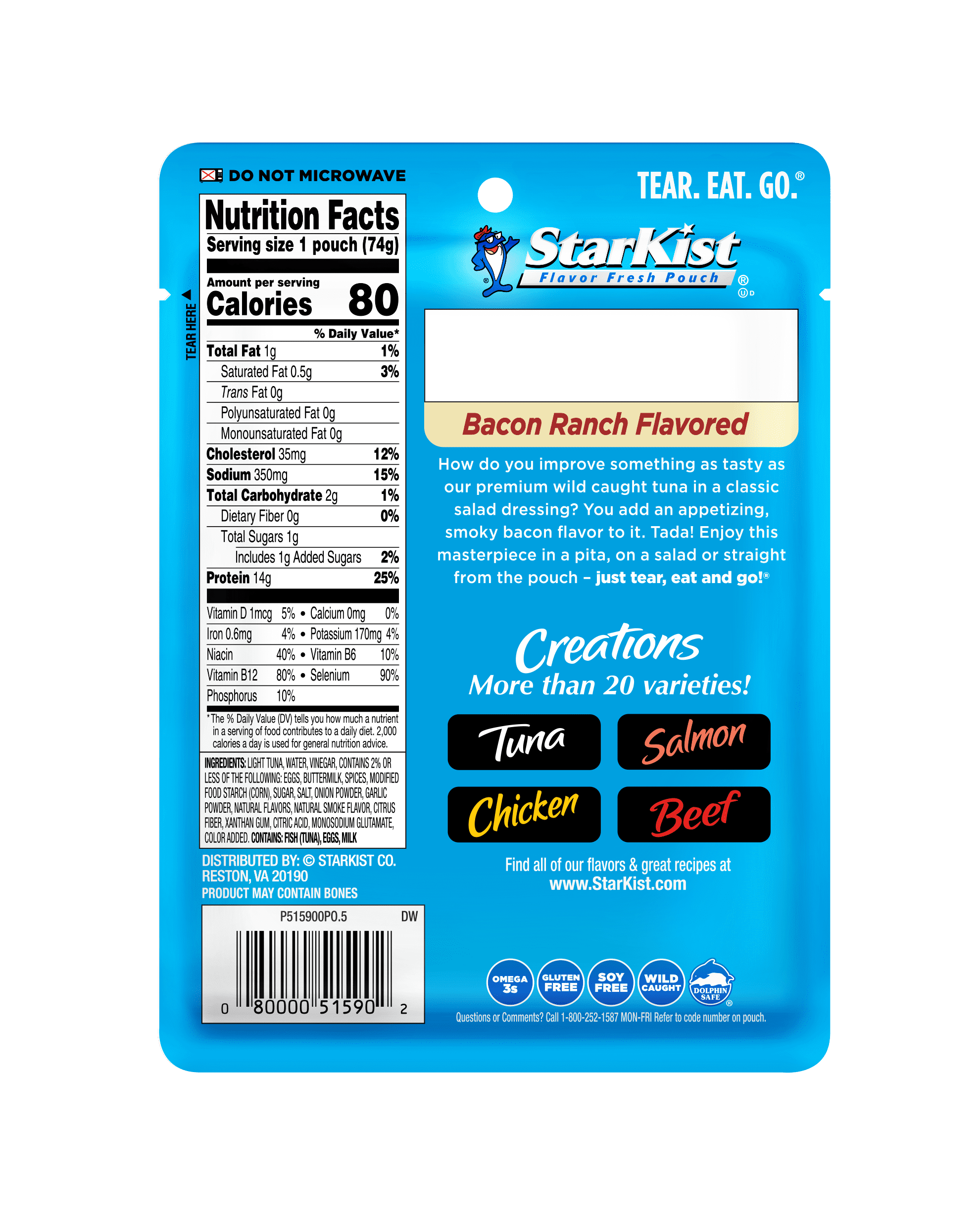 (5 pack) StarKist Tuna Creations, Bacon Ranch, 14g Protein, 2.6 oz Pouch