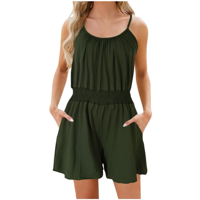 Timegard Rompers for Women Scoop Neck Elastic Waist Short Jumpsuit Casual Comfy Solid Color Outfits