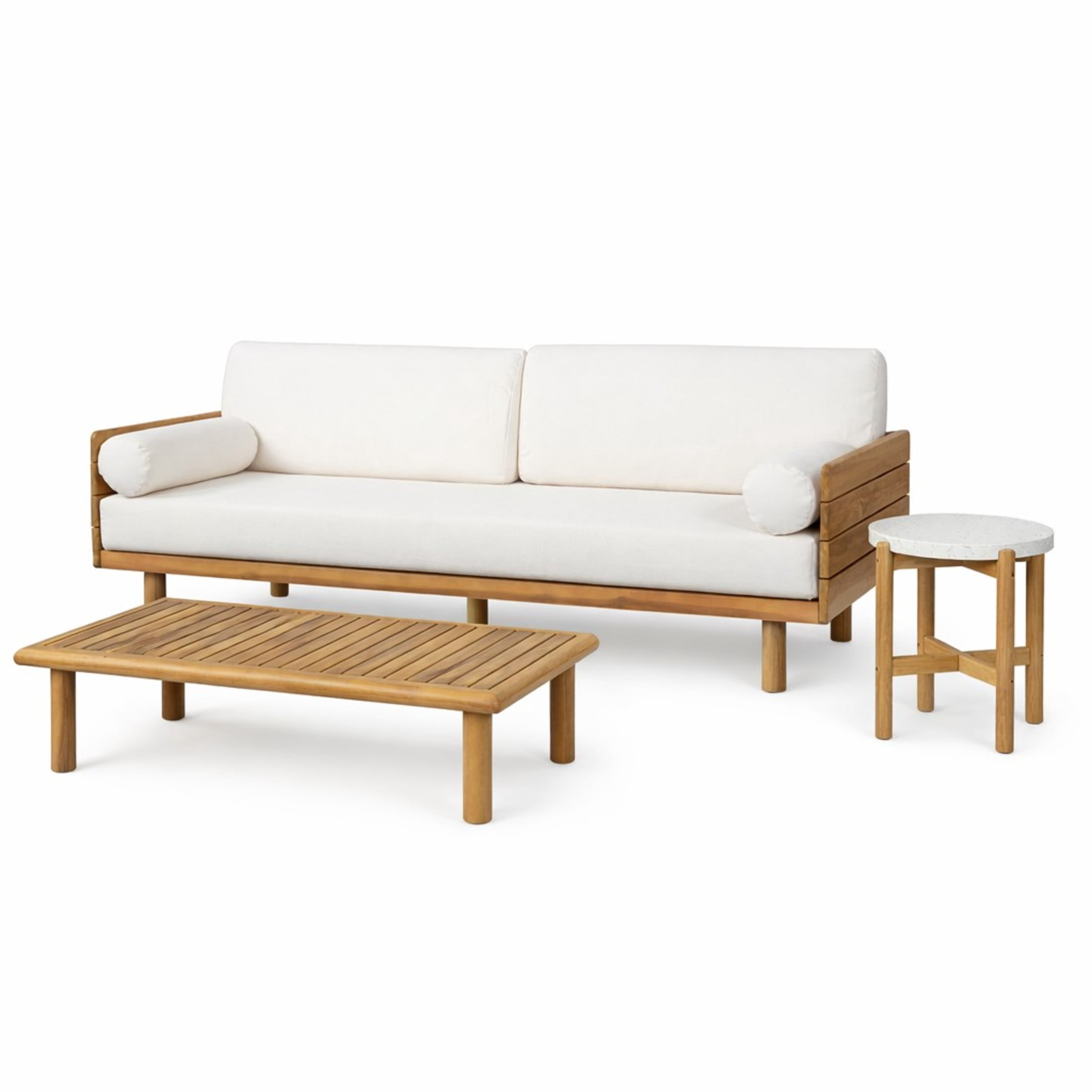 Christopher Knight Home 3-Piece Outdoor Acacia Wood Sofa with Coffee Table and Side Table, Teak+Beige