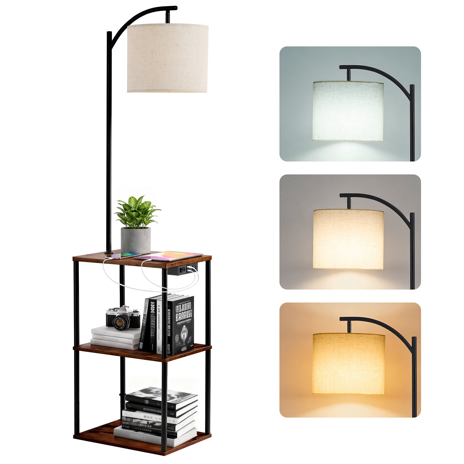 Vesteel Floor Lamp with Table, End Table with Charging Station(USB & Type-C & AC Port), Shelves Side Table with 3 Color Temperature LED Bulb, Nightstand Lamp for Living Room, Bedroom