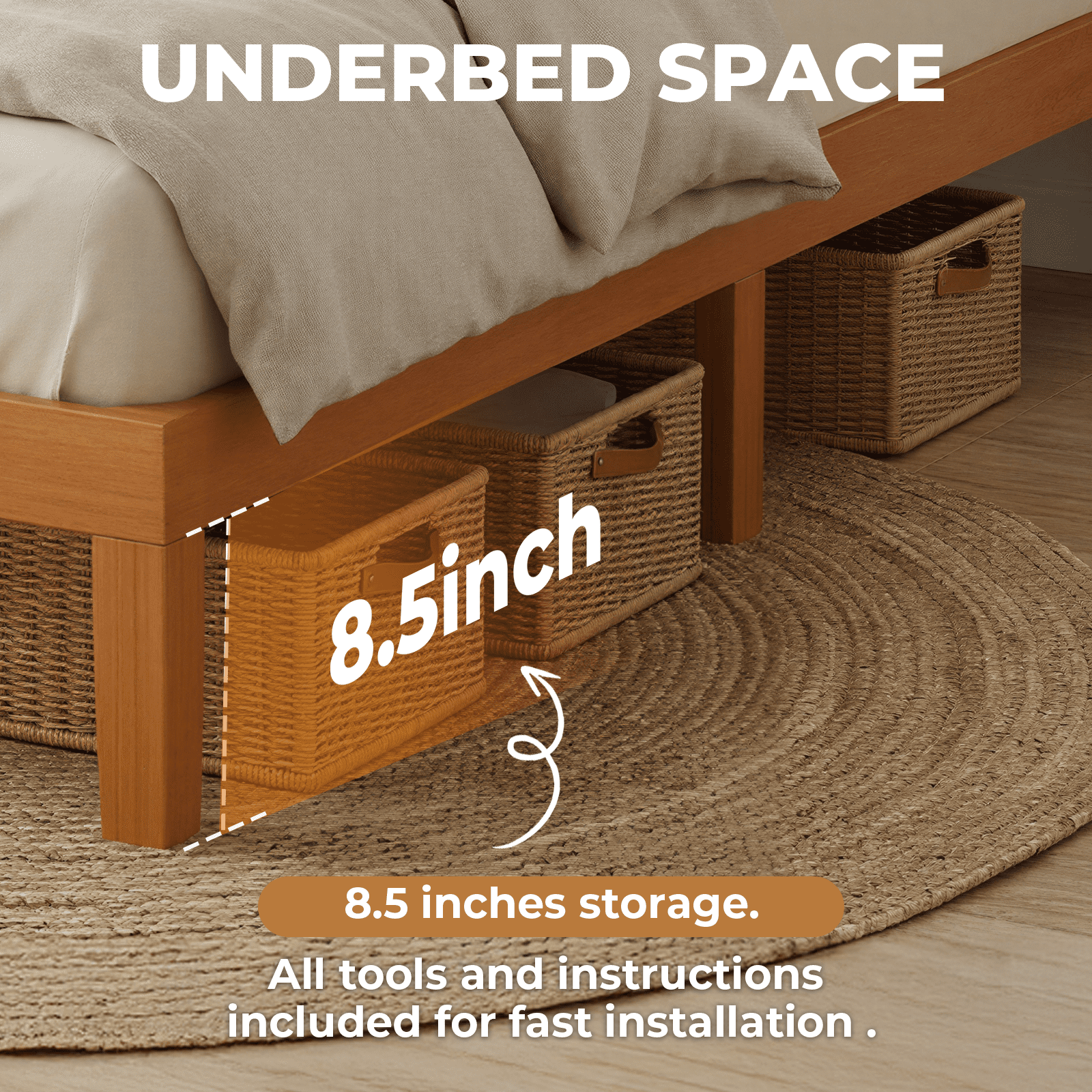 Alvantor Solid Wood Platform Bed Frame, Natural Pine, No Box Spring Needed, Underbed Storage – Twin, Full, Queen, King