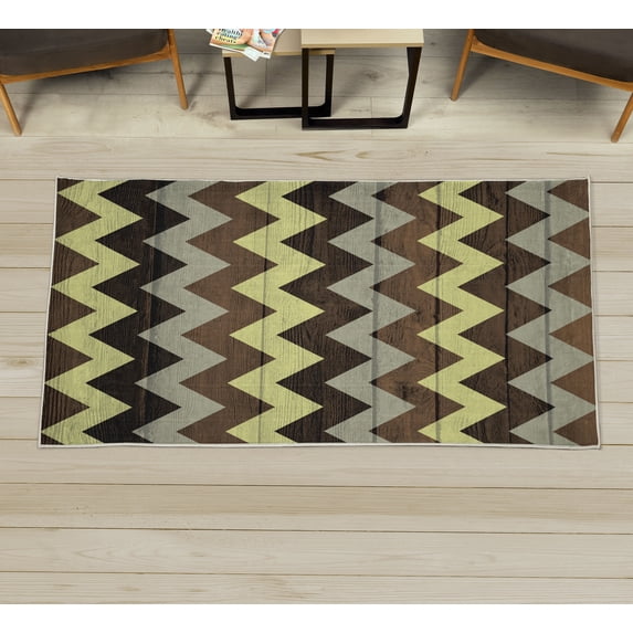 Chevron Decorative Rug, Zig Zag Lines Pattern on Wooden Looking Background Rustic Home Print, Quality Carpet for Bedroom Dorm and Living Room, 6 Sizes, Dust Umber, by Ambesonne