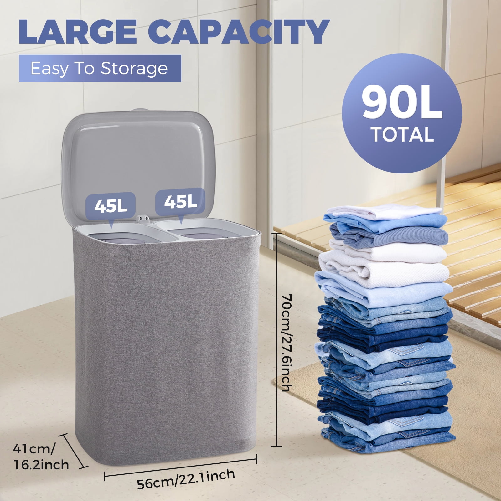 2-Section Laundry Hamper with Lid & Removable Bags, Foldable Clothes Sorter Organizer for Bedroom/Bathroom, 600D Oxford Fabric Storage Bin Portable Clothes Organizer for Home, Dorm, Apartment