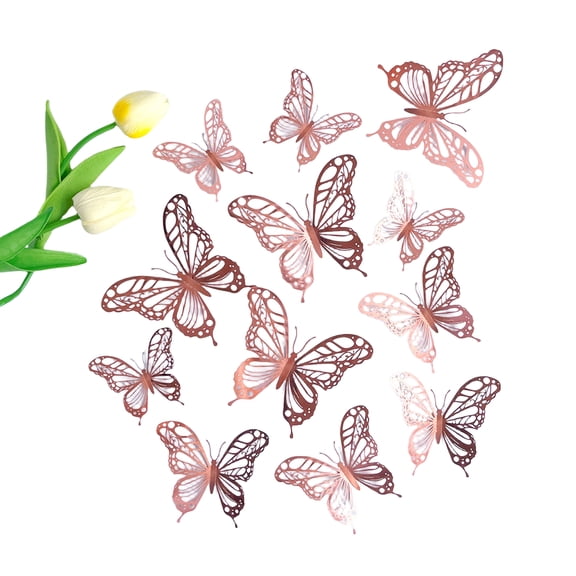 12Pcs 3D Butterfly Wall Stickers Shiny Pink Metal Decals Removable 3D Stereoscopic Effect for Dorm Wedding Birthday Party Bedroom Home Decor Multi-Size
