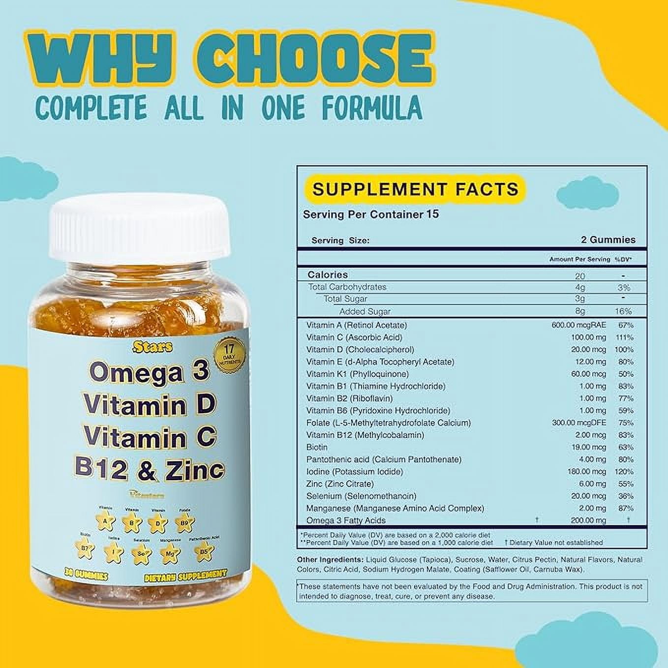 Vitastars Adult Multivitamin Gummy With Omega 3, Chewable Multivitamin with Selenium, Vitamin A, B, C, D, Biotin, Multivitamin for Women, Multivitamin for Men, 30 Star Shaped Multivitamin Gummies