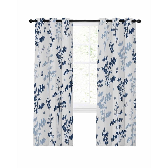 Blue Botanical Blackout Curtains, Light Blocking Print Window Curtains, Spring Floral Watercolor Leaf Thermal Insulated Window Drapes for Living Room Kitchen Cafe 2 Panels, 104"W x 72"L