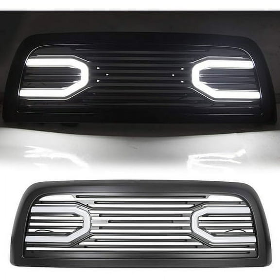 Kojem Big Horn Horizontal Style Grill Front Hood Bumper Grille Fits 2010-2018 Dodge Ram 2500 3500 4500 Replacement Shell - Black with Lights