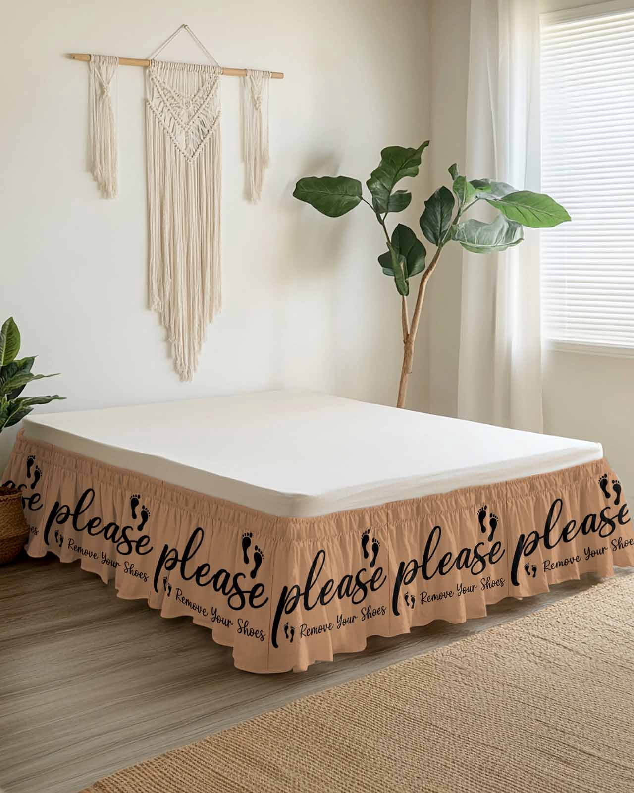 Footprint Wrap Around Bed Skirts for Queen Bed 16" Drop,Bed Skirt with Adjustable Elastic Belt Dust Ruffle Bed Valance for Bedroom Hotel Vintage Brown Black Please Remove Your Shoes Bed Frame Cover
