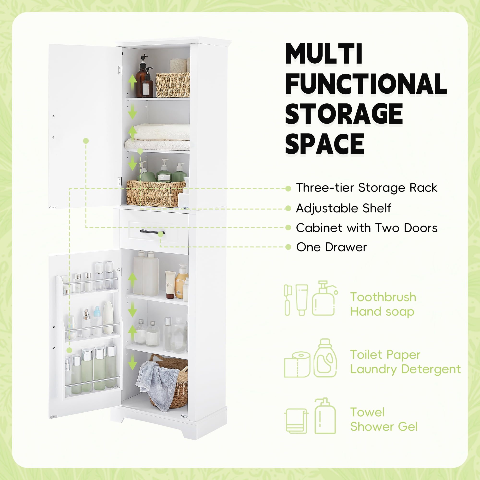 YIYADO Bathroom waterproof storage cabinet, floor-standing storage cabinet with adjustable shelves, freestanding bathroom storage rack, white
