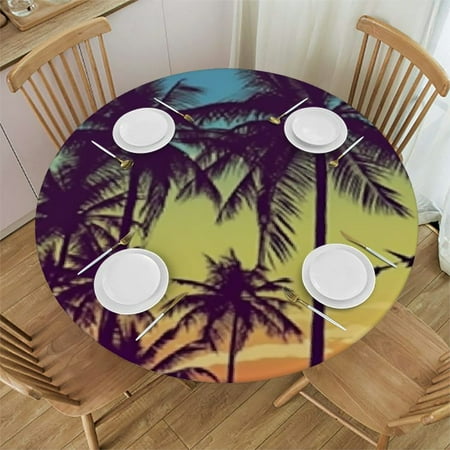 

Round Fitted Tablecloth with Elastic Edge Sunset Panorama Palm Trees Print XXLarge Polyester Table Pad Fit Round Tables