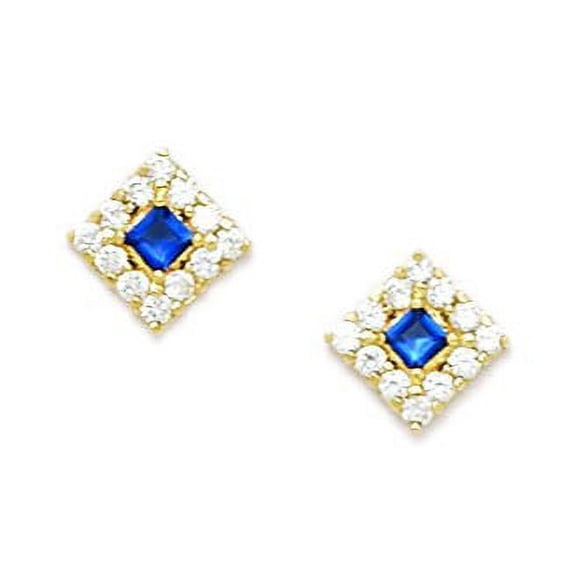 14k Yellow Gold September Blue 3x3mm CZ Kite Screw-Back Earrings - Measures 9x9mm