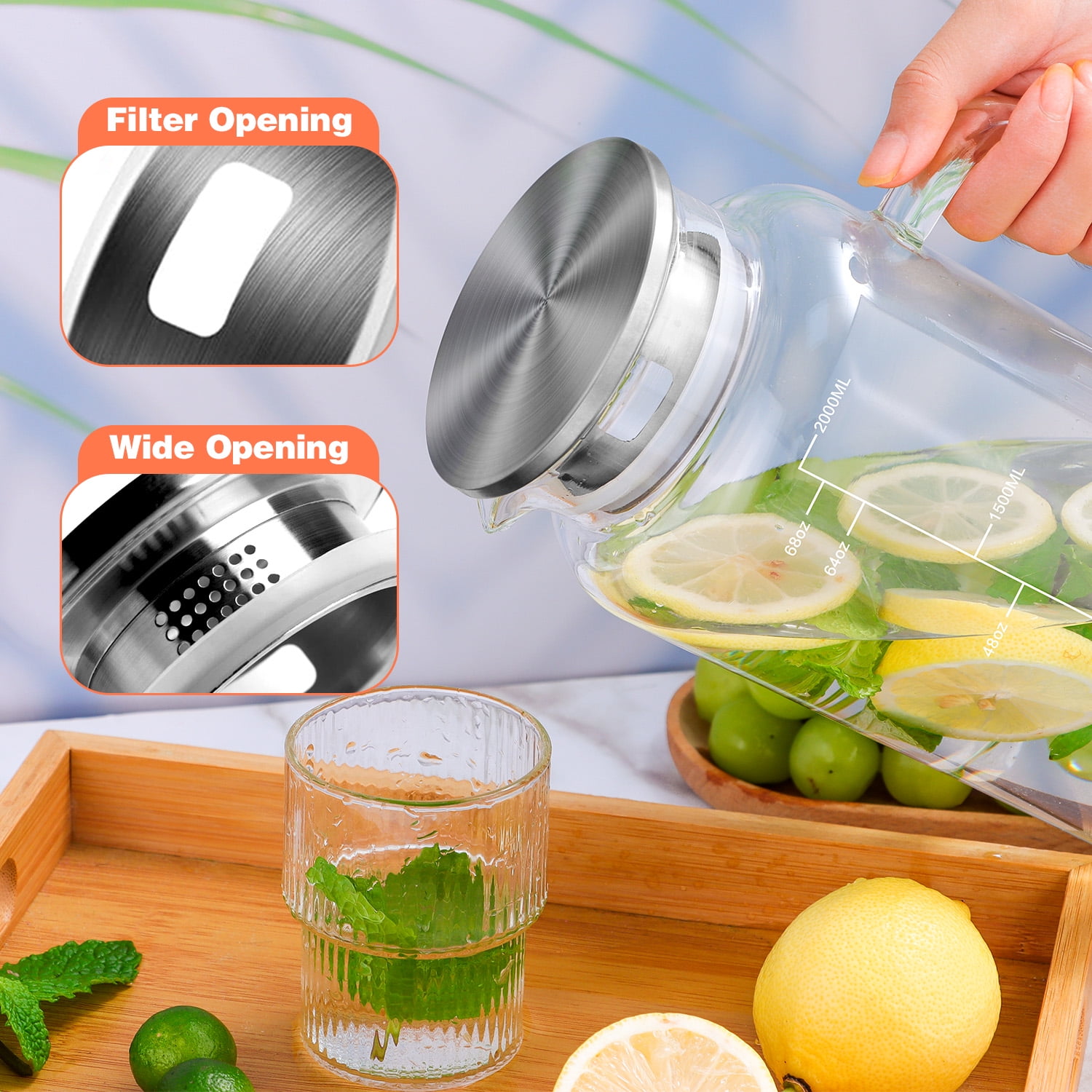 Aofmee 2L Glass Pitcher, 68oz Water Carafe with Handle and Lid, for Beverages Party Tea glass juice bottles, Gray