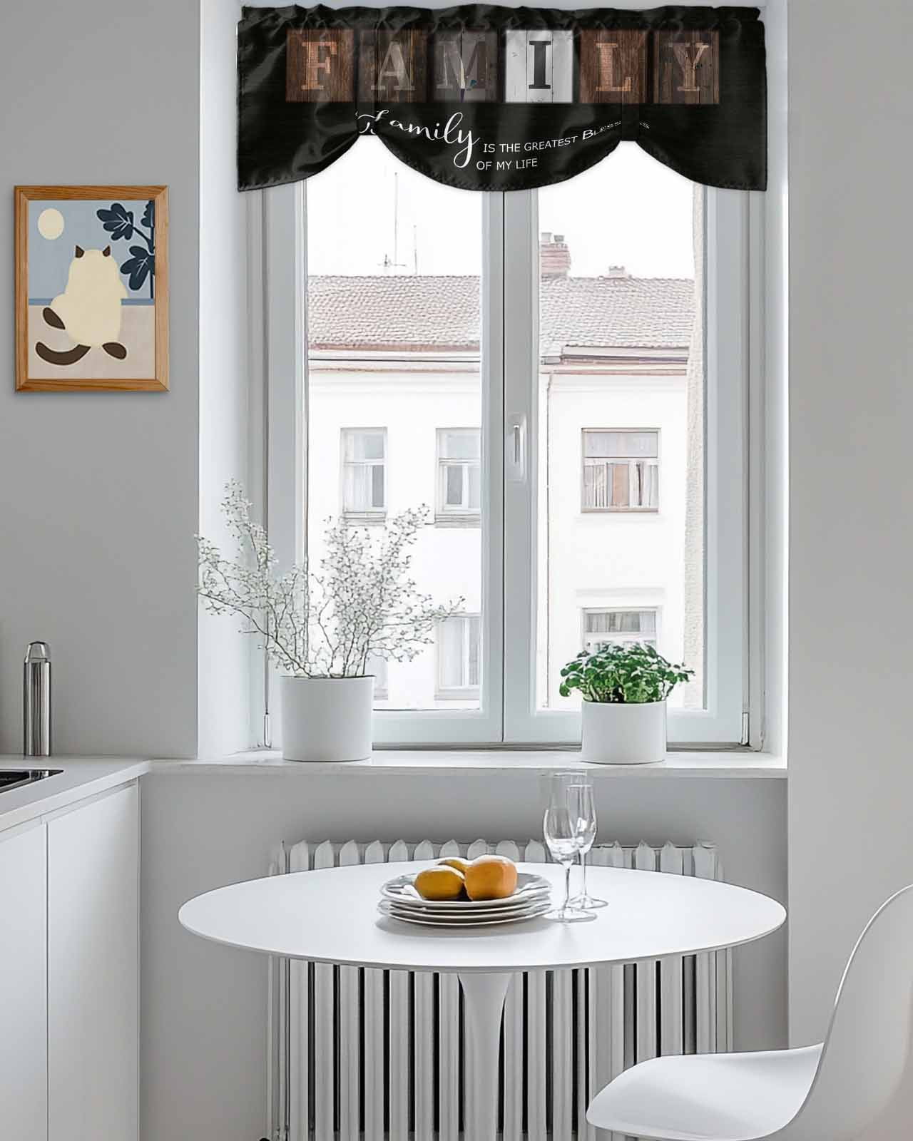 Retro Family Tie Up Valances Curtain, Adjustable Kitchen FAMILY IS THE GREATEST BLESSINGS Wood Grain Valances for Windows Decor, Rod Pocket Short Curtains Set for Bedroom/Bathroom, 54"x18"