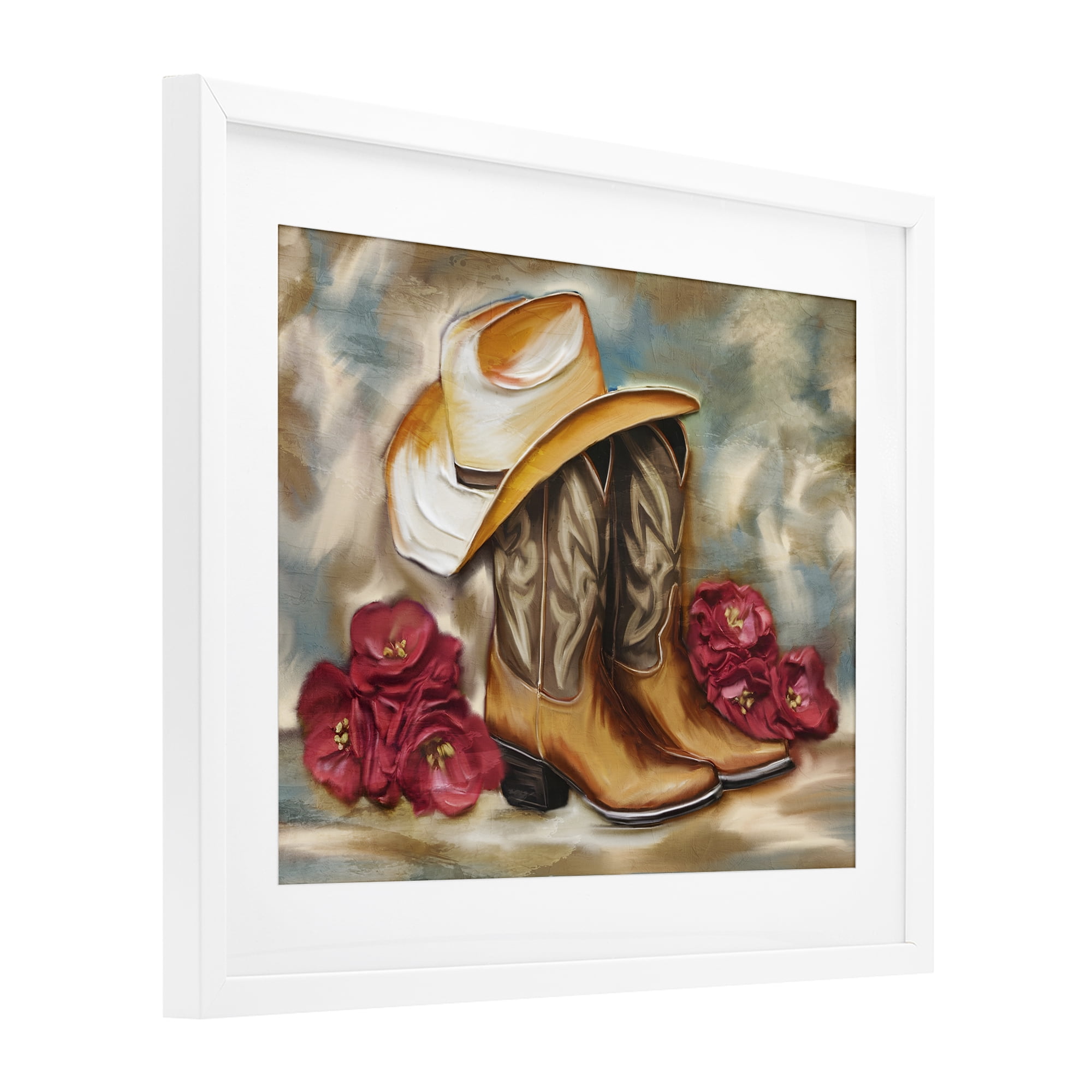 Boots & Floral Bunches White Framed Print Under Glass, design by Kim Allen