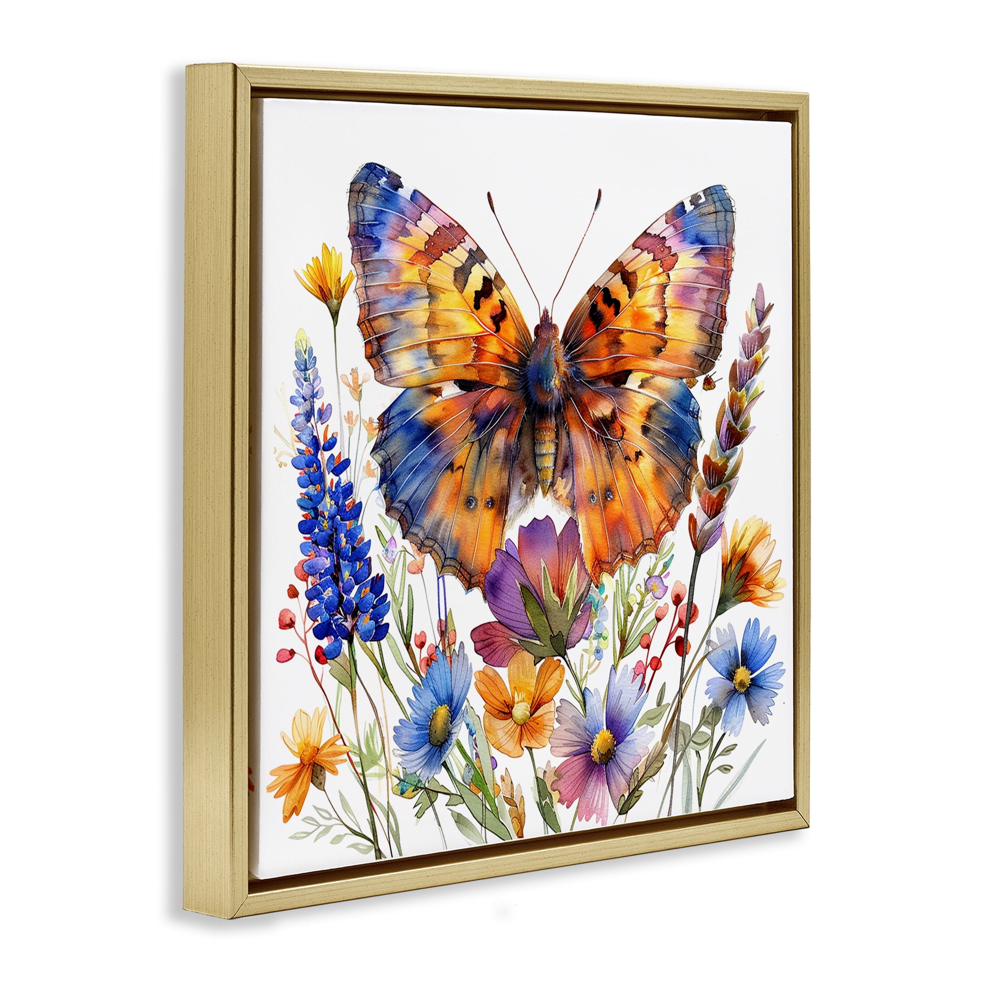 Stupell Industries Orange & Blue Butterfly Insects Painting Gold Floater Framed Canvas Art Print Wall Art, 18 x 18