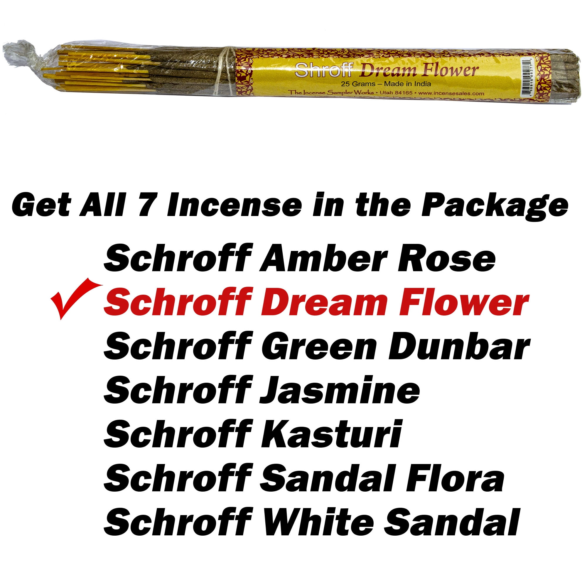 Shroff Incense Combo Pack - 7 Scents - Amber Rose - Dream Flower - Green Dunbar - Jasmin 1940 - Kasturi - Sandal Flora - White Sandal