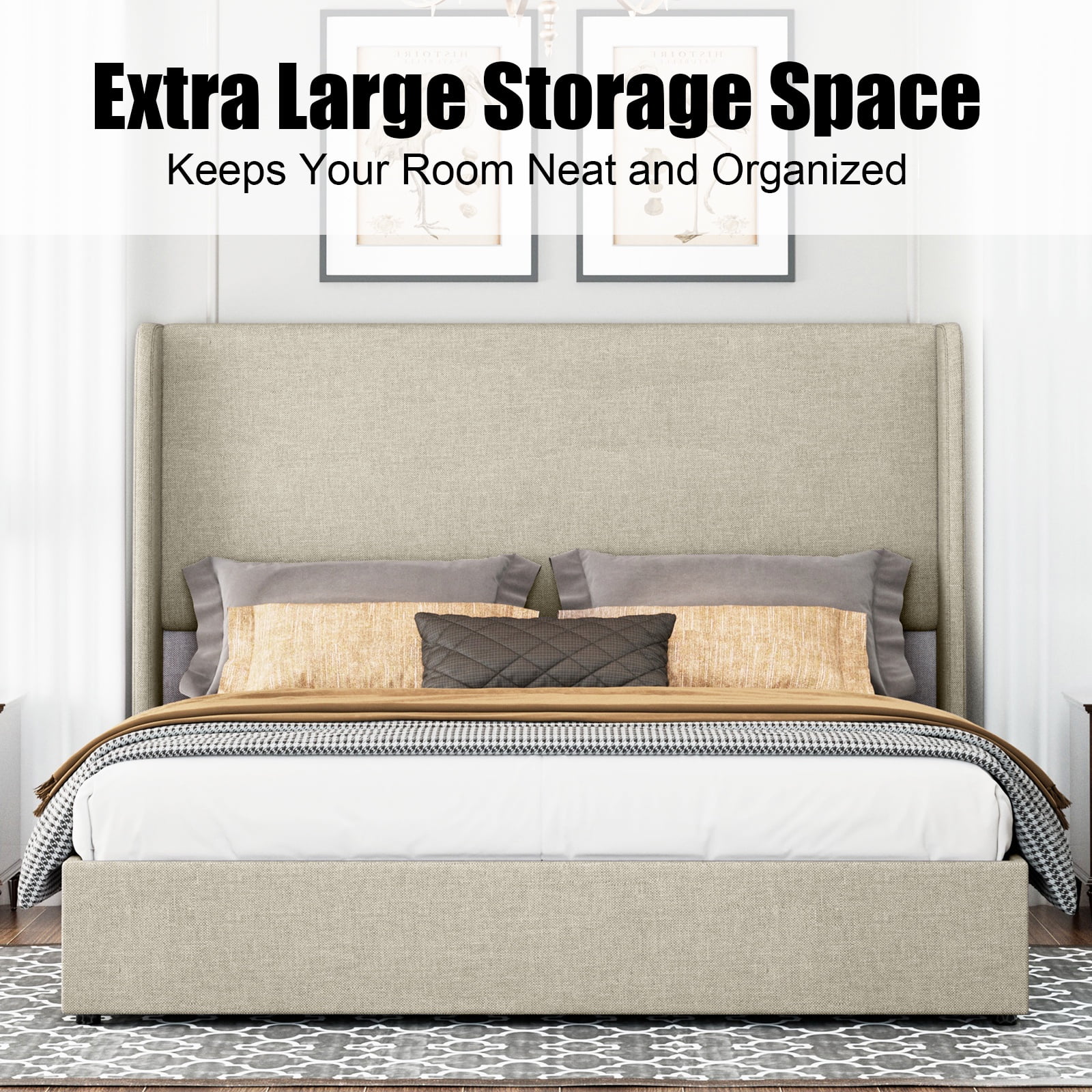 Merluxy Queen Bed Frame with Lift Up Storage and Linen Upholstered/Wingback Headboard/Khaki