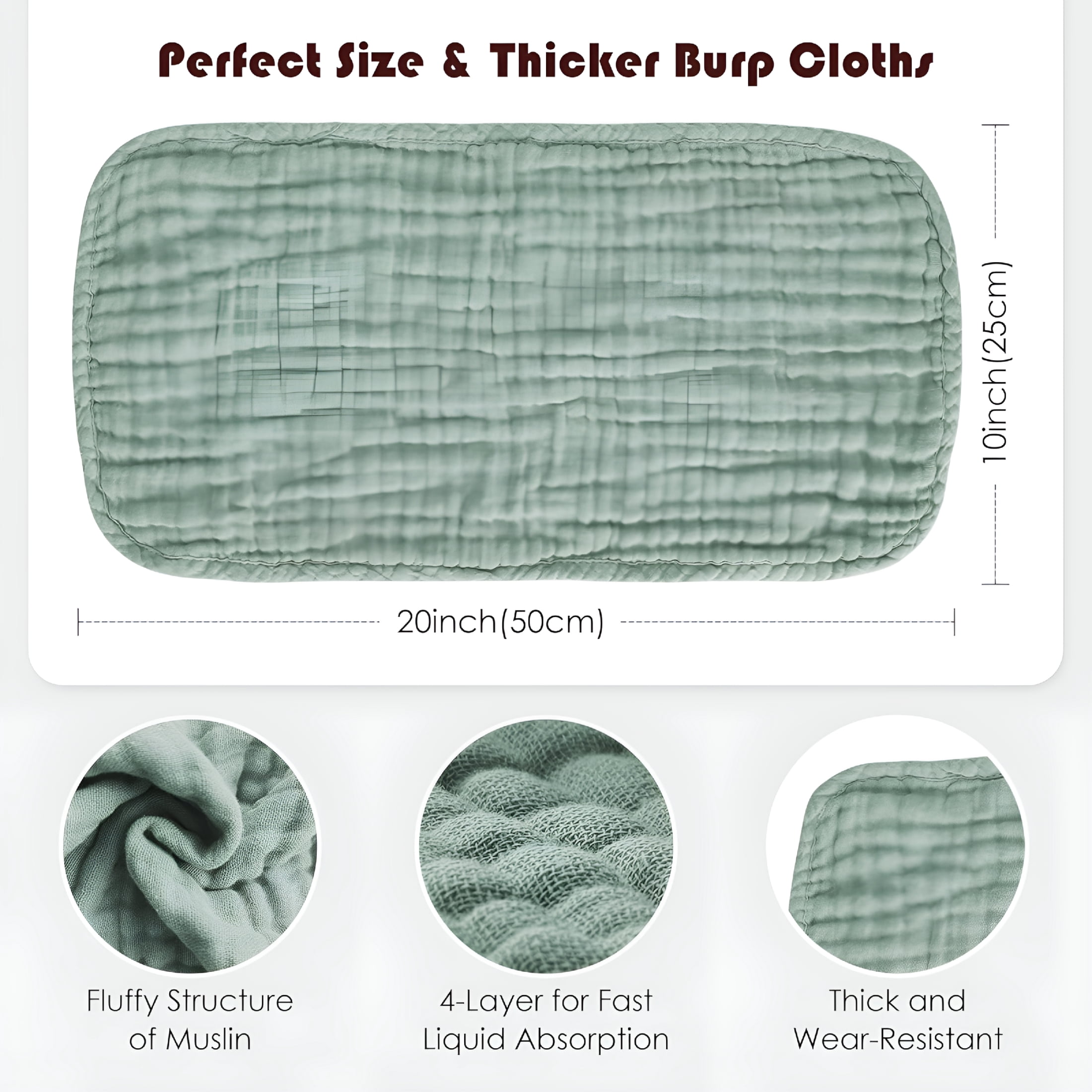 OQRKI Muslin Burp Cloths 100% Cotton Large 20''X10'' Extra Soft and Absorbent Baby Wash Cloths Spit Up Rags-Baby Burping Cloth for Boys Girls (12 Pack Green)