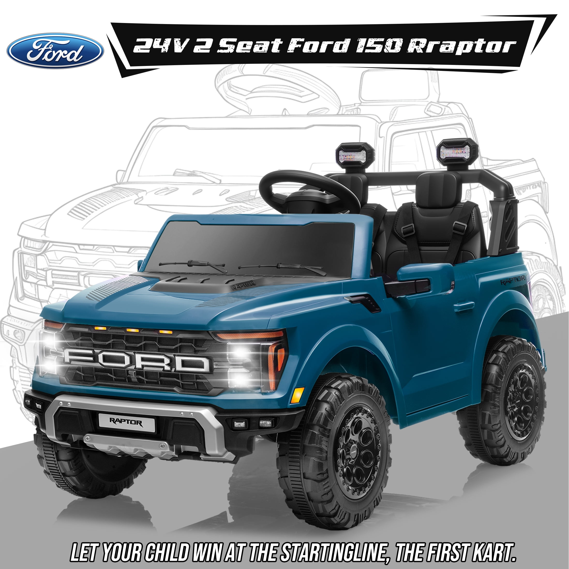 Ford F150 Raptor 2 Seater Ride on Toy Trucks for Kids, 24V Powered 2 Seat Ride on Cars with Remote Control/4 Wheelers/LED/Bluetooth/ Truck Bed Storage/Soft Start, Kids Electric Cars for Boys Girls