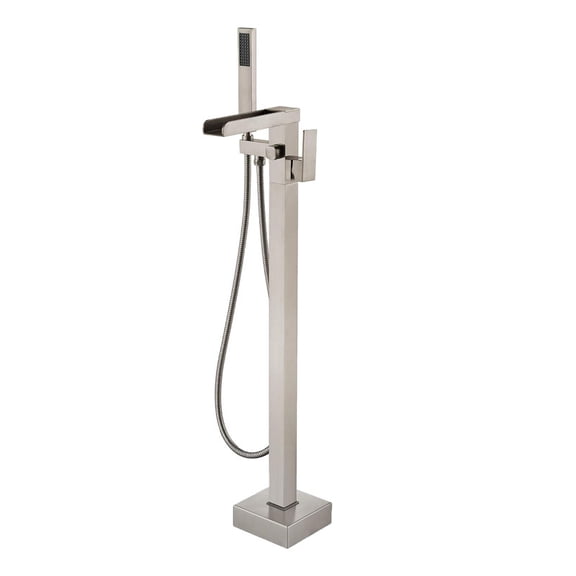 Waterfall Single-Handle Freestanding Tub Faucet with Square Hand Held Shower in Brushed Nickel