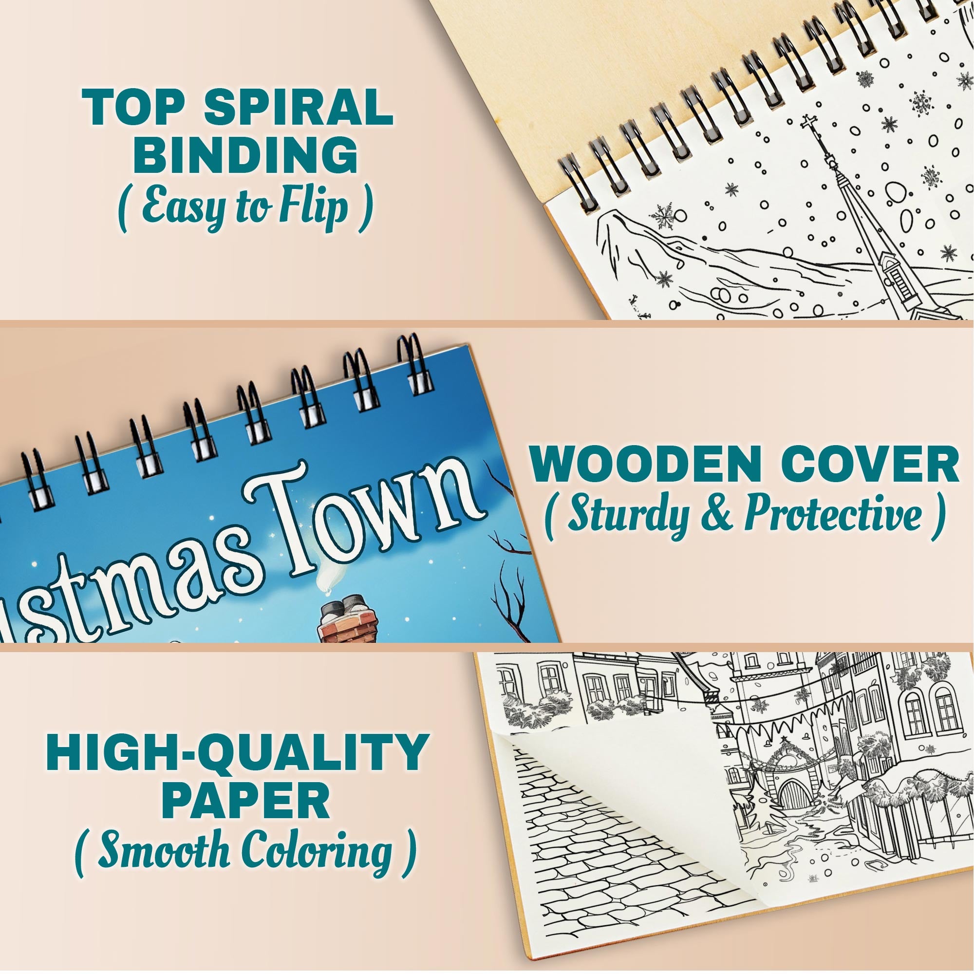 Netecom Christmas Town Coloring Book Spiral Bound For Adults, A5 Wooden Cover, 30 Beautiful Coloring Pages of Christmas Towns for Stress Relief and Relaxation