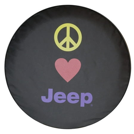 SpareCover - Brawny Series - Multi colored Peace Love Jeep on 33" tall Denim Textured Vinyl - Heavy Duty - Tire Cover - made in USA only