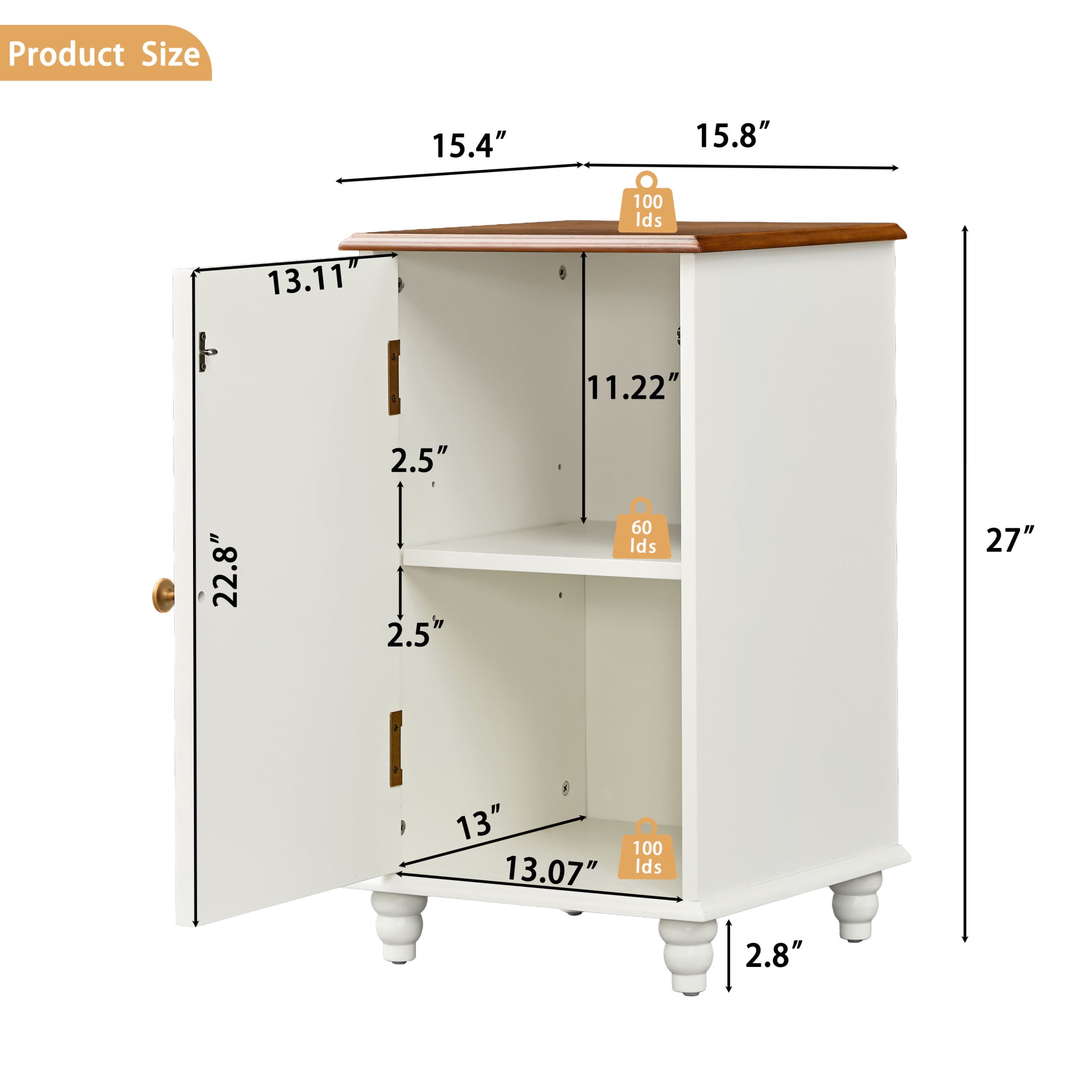 GDF Studio 27" Tall Mid-Century Modern Floor Cabinet with Door & Adjustable Shelf, White+Walnut