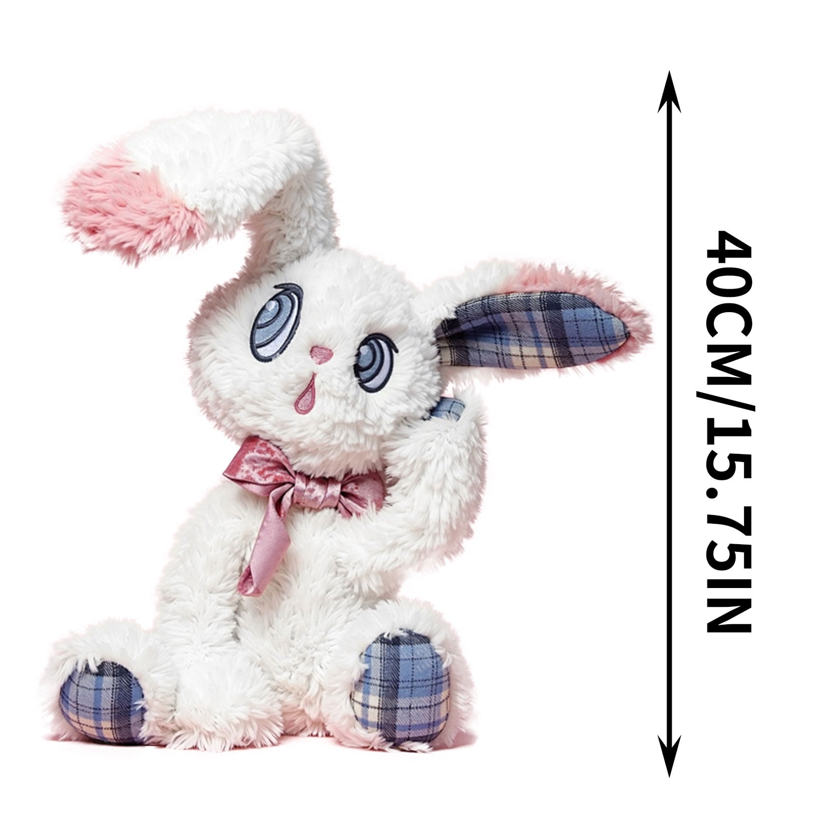 Soft Plush Bunny Rabbit Stuffed Animal Toy - Fluffy White Plush with Pink Bow, Checkered Ear & Paw Accents, Huggable & Cuddly Design - for Kids Toddlers, Bedroom Decor, Nursery, Xmas Birthday, Baby S