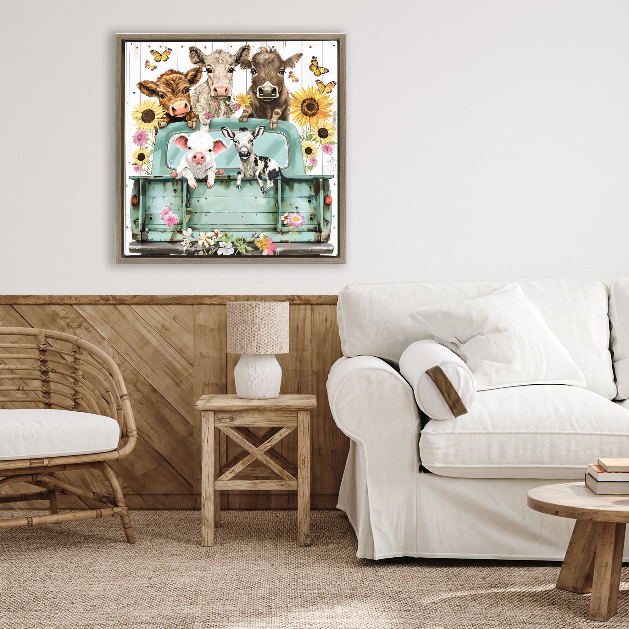 Stupell Industries Barnyard Friends in Vintage Truck Brown Framed Floater Canvas Wall Art, design by Creative Studio