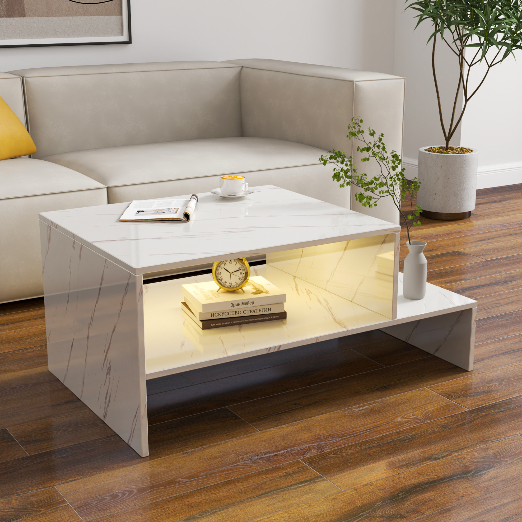 Noble House Arlyn 35.4" Architectural Coffee Table, Open Storage Shelves, Wooden Living Room Tea Table, White