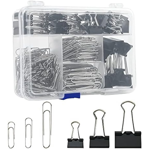 Assorted Size Binder Clips & Jumbo Paper Clips Set - 340pcs Black, Large for Office & School Supplies, in Container with Compartments$$Office