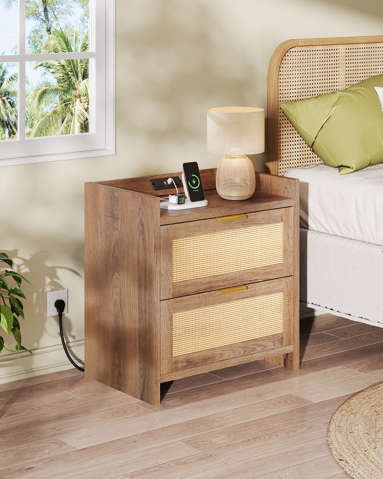 GALAXHERO Nightstand Set of 2 with Charging Station, Boho Rattan Bedside Tables, 2 Drawers End Table for Bedroom, Living Room, Natural Oak