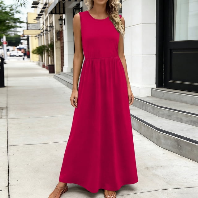 XiYing Robes pour Femmes, Robe Décontractée Ample à Col Rond pour Femmes, Robe Maxi d'Été Sans Manches pour Usage Quotidien, Design Fluide Uni, P-TTG, une Pièce