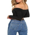 thumbnail image 2 of Women Off Shoulder Crop Top Long Sleeve Ribbed Knit Stretchy Blouse Top Vest, 2 of 6
