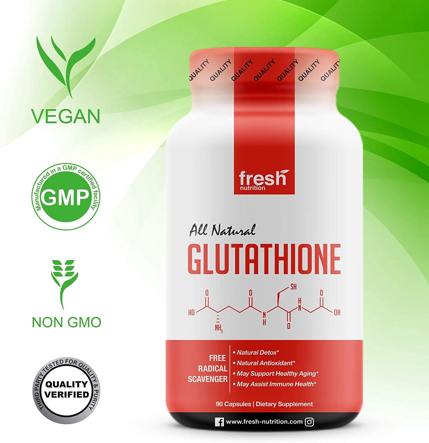 Fresh Nutrition Glutathione Supplement, 500mg Reduced Form, Vegan, DNA Verified, 90 Capsules - Walmart.com Fresh Nutrition Glutathione Supplement, 500mg Reduced Form, Vegan, DNA Verified, 90 Capsules - Walmart.com