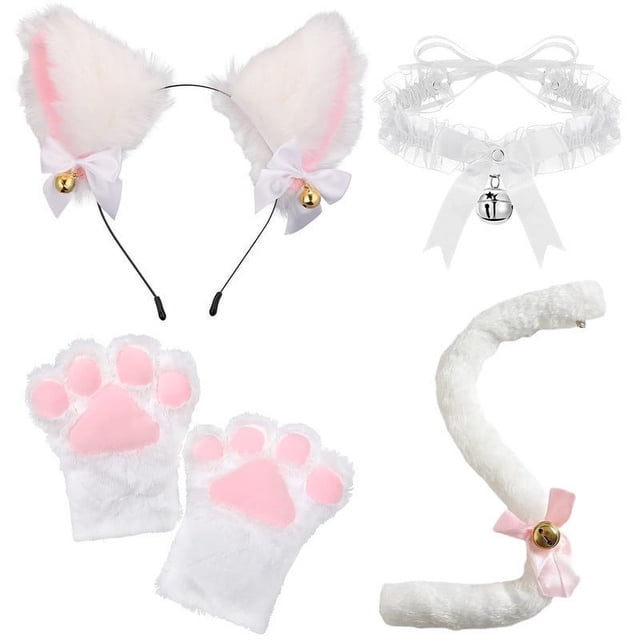 Lindos accesorios de cosplay de gato de dibujos animados, aro para el pelo con orejas de gato, guantes con garras de gato, accesorios de cola de gato, lindo conjunto, fácil de usar, estilo