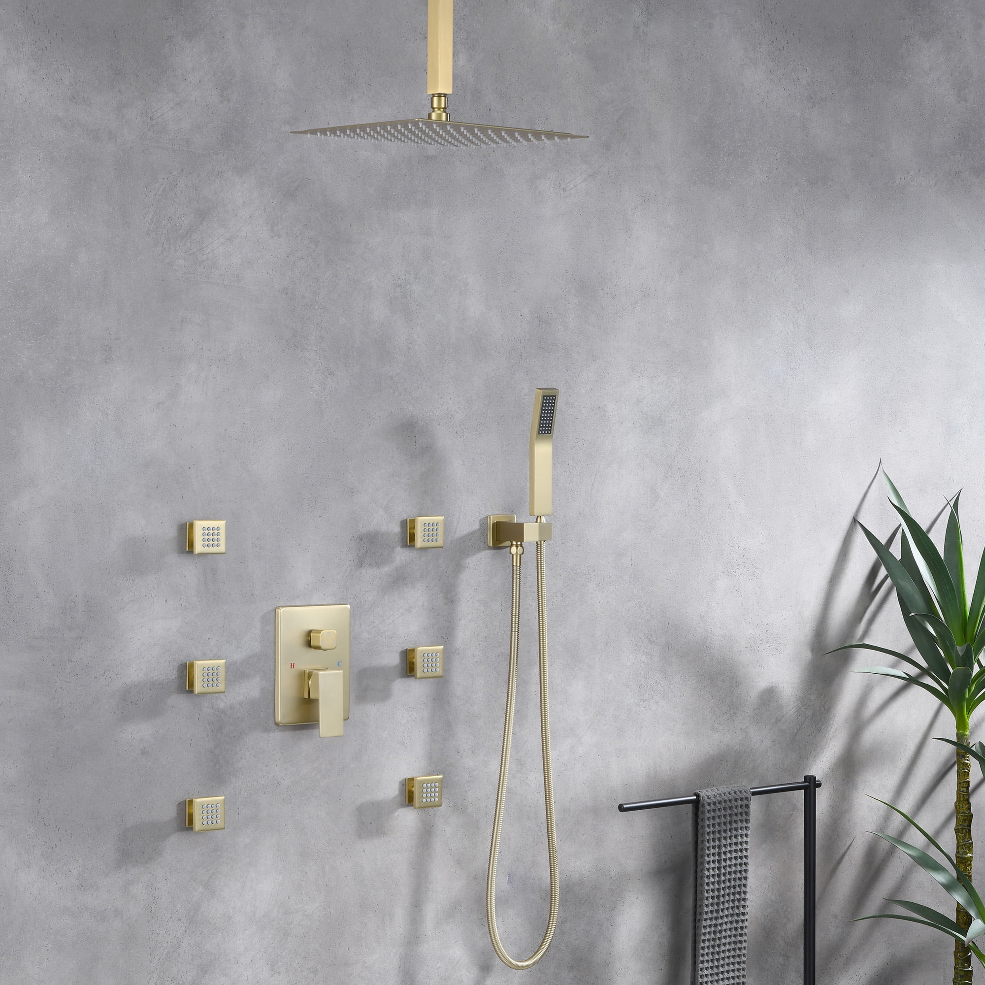 Shower Jets Rain Shower System with 12'' Ceiling Shower & Hand Shower, Brushed Gold Overhead Full Body Shower System with Body Shower Spray Jets Rain Shower Set