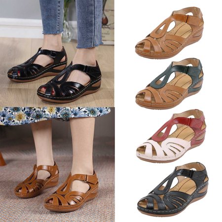 

Cethrio Womens Comfortable Wedge Sandals- Wide Width on Clearance Hollow Wedge Slip on Front Close Brown Dressy Sandals/ Slides Size 9.5