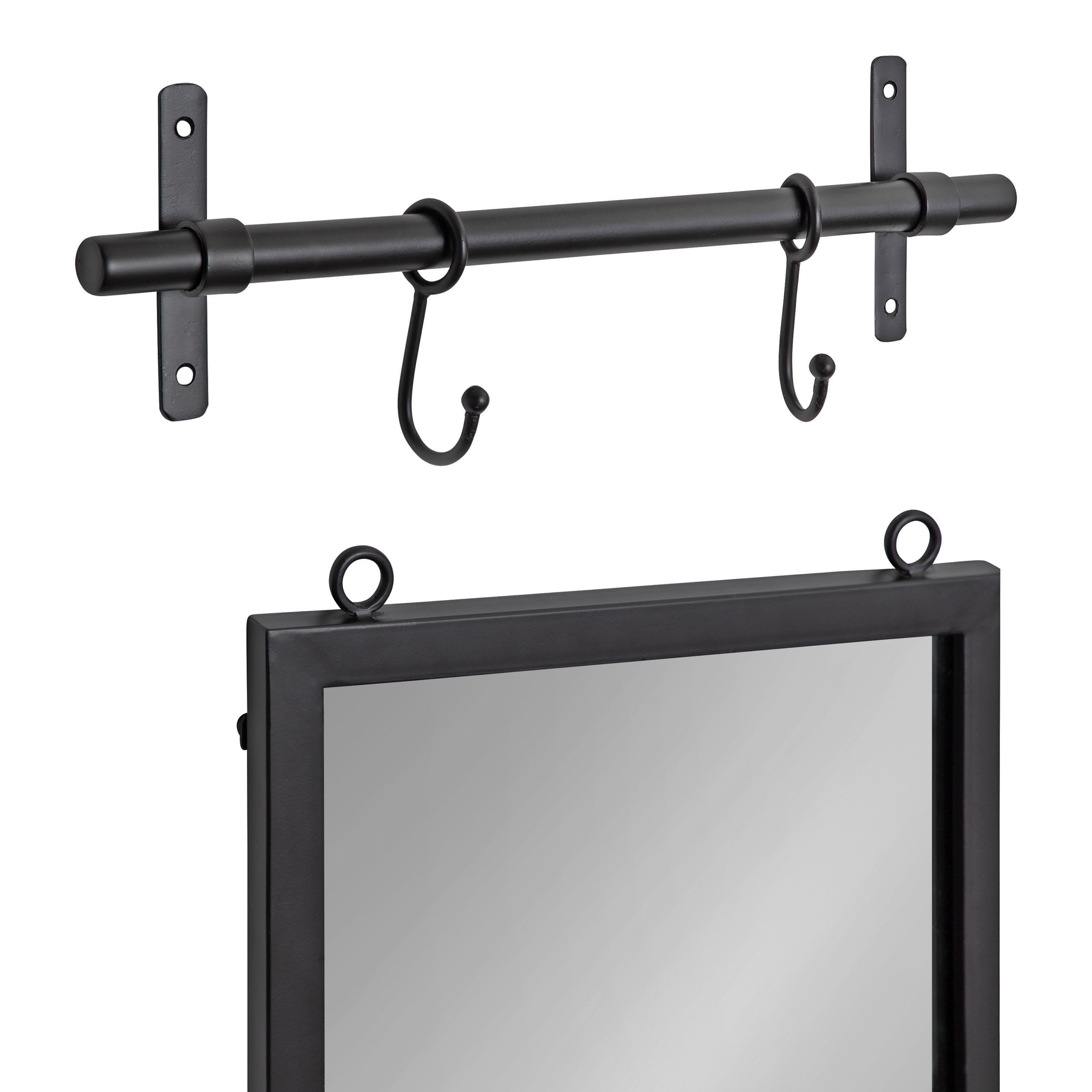 Kate and Laurel Gammons Metal Framed Wall Mirror With Storage Shelf, 18" x 39", Black, Hanging Barn Door-Inspired Accent Mirror