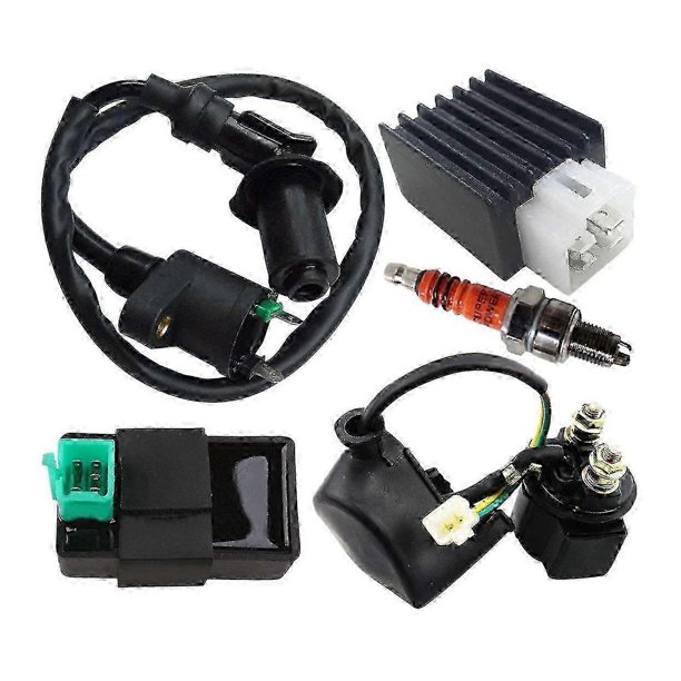 50Cc - 125Cc Kart and Motocross Parts: 5-pin CDI Box, Ignition Coil, Solenoid Relay, Voltage Regulator and Spark Plugs (European Compatible)