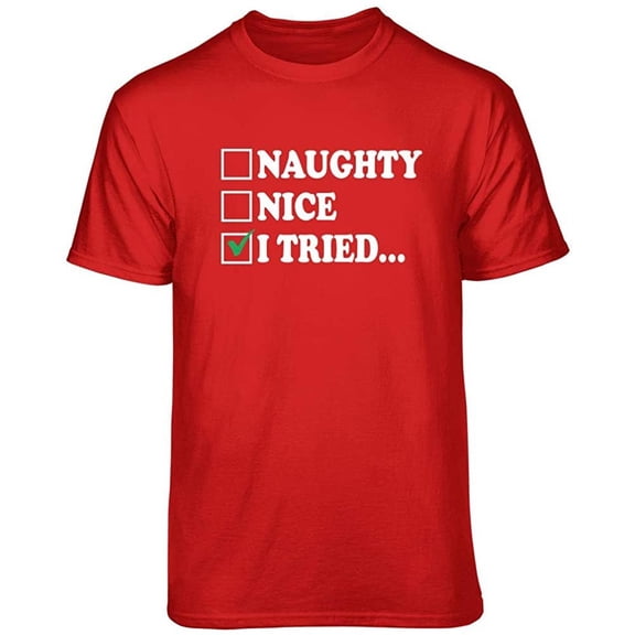 Teelocity Naughty Nice I Tried Graphic T-Shirt (Small - Standard Fit, Red Green Check)