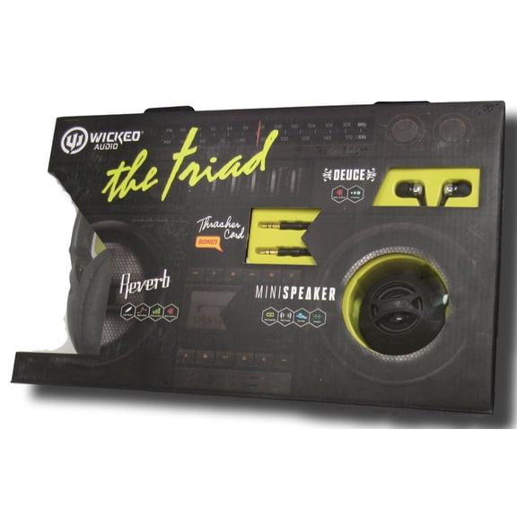 Wicked Audio triad (3) Three Piece Bundle - Headphones - Earbuds - Mini Speaker and Bonus AUX Cord