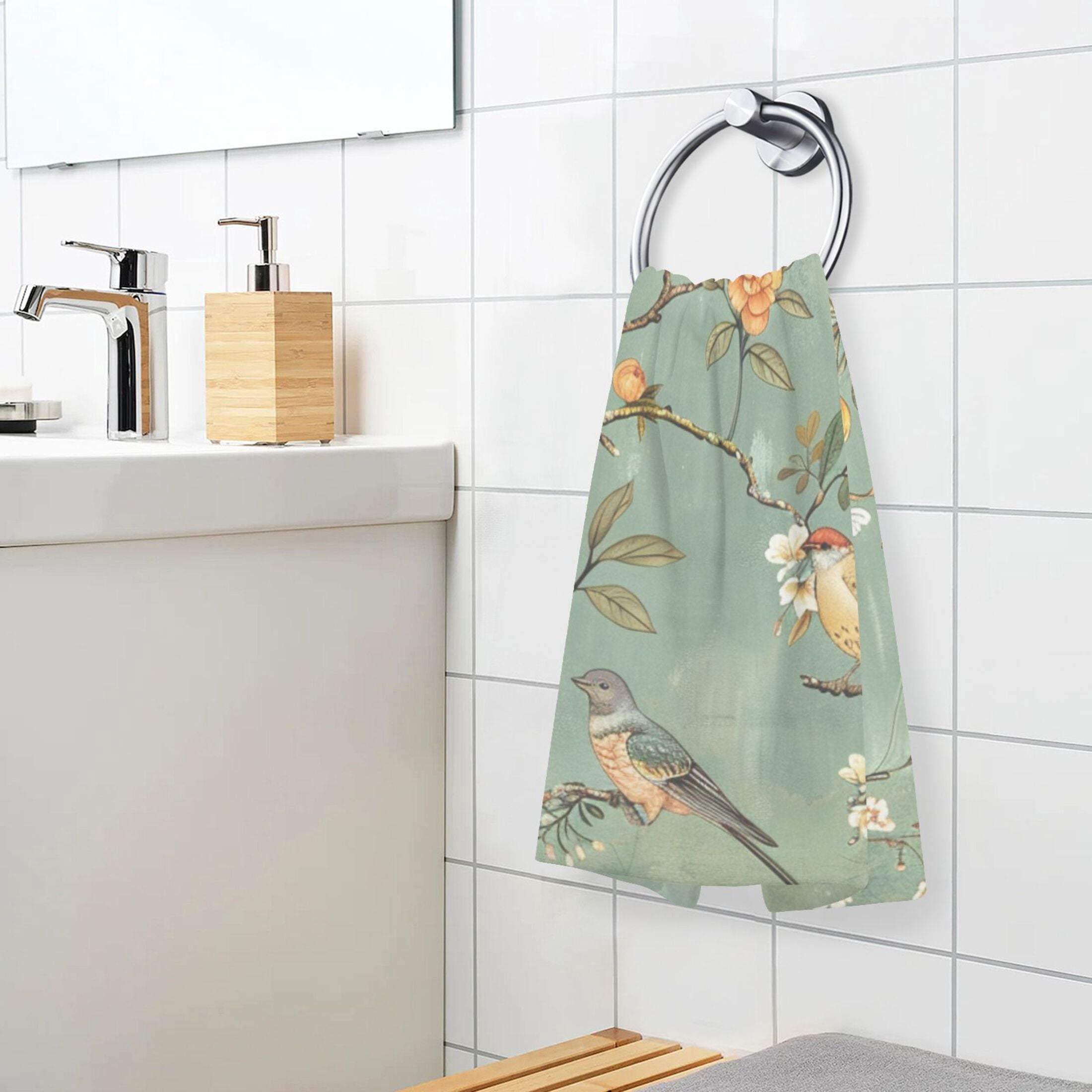 Vintage Chinese Bird and Flower Hand Towel Set 2 Pcs Cotton Absorbent Soft Face Towels 400 GMS Bath Towels for Bathroom Kitchen Shower Hotel Decor 16"x28"