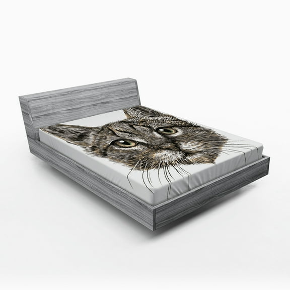 Animal Fitted Sheet, Little Cat Head Looking Innocently with Long Whiskers Sketchy Like Artwork, Soft Decorative Fabric Bedding, Queen Size, Grey, by Ambesonne