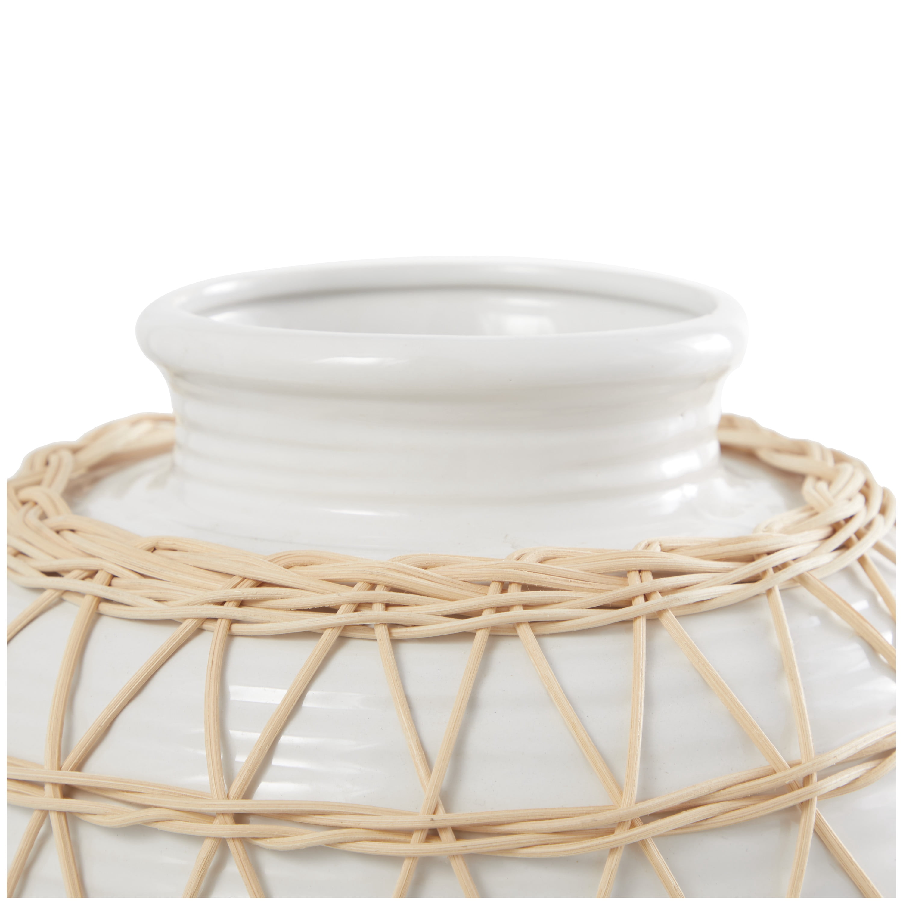 DecMode 14" Handmade White Ceramic Vase with Woven Rattan Exterior