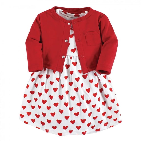 Hudson Baby Infant and Toddler Girl Cotton Dress and Cardigan Set, Red Hearts, 0-3 Months