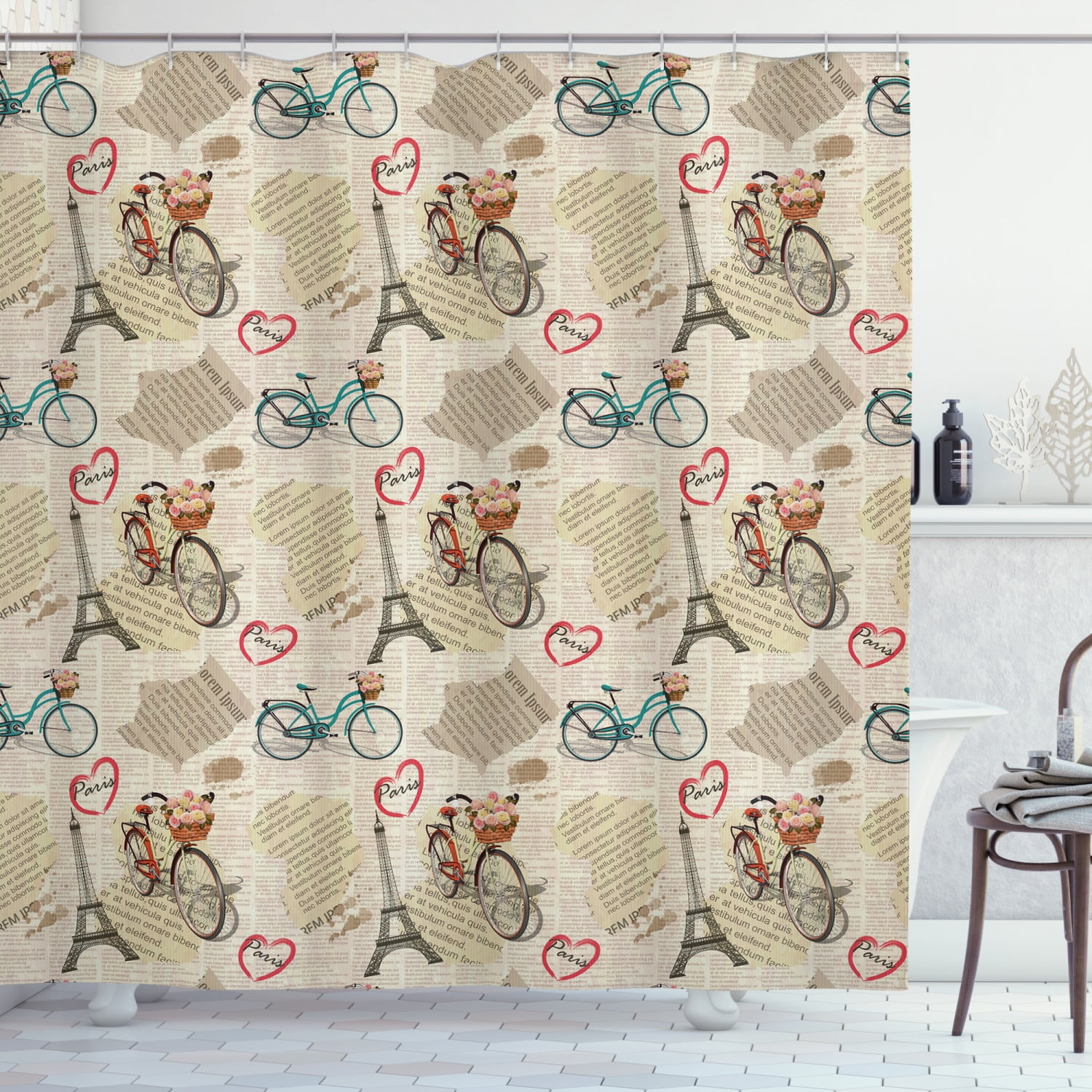 Romantic Shower Curtain, Newspaper Vintage Retro with Paris Lettering